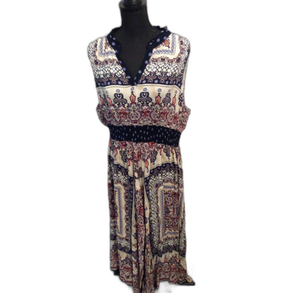 Bila BoHo Maxi Asymmetrical Paisley Smocked Plus XXL Hippie Multicolor Dress - Picture 1 of 8